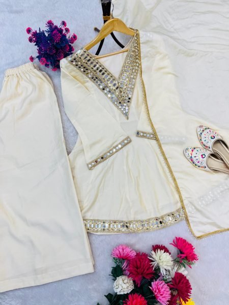  Splendid Chinon Silk Real Mirror Work Silk Kurti Set with Full Flair Plazzo for a Wedding Wear  Ready To Wear Collection
