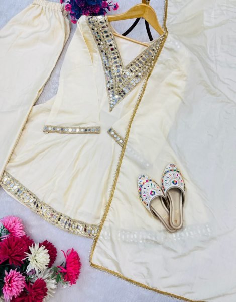  Splendid Chinon Silk Real Mirror Work Silk Kurti Set with Full Flair Plazzo for a Wedding Wear  Ready To Wear Collection