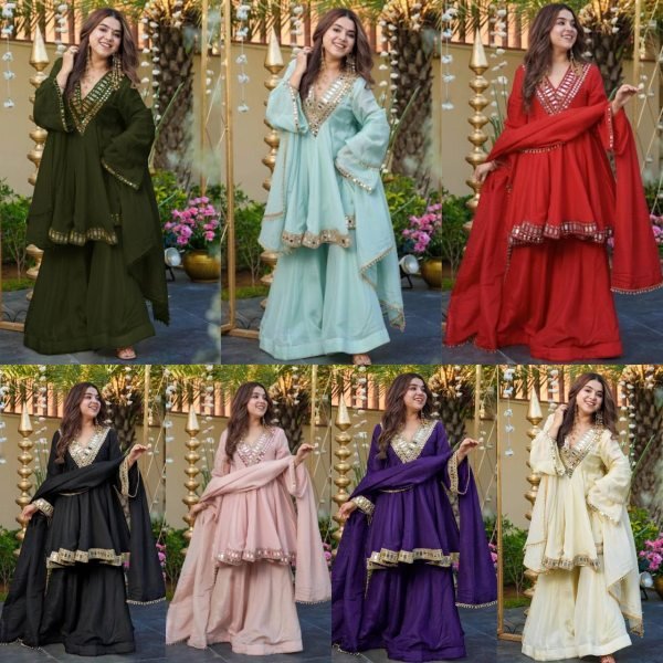  Splendid Chinon Silk Real Mirror Work Silk Kurti Set with Full Flair Plazzo for a Wedding Wear  Ready To Wear Collection