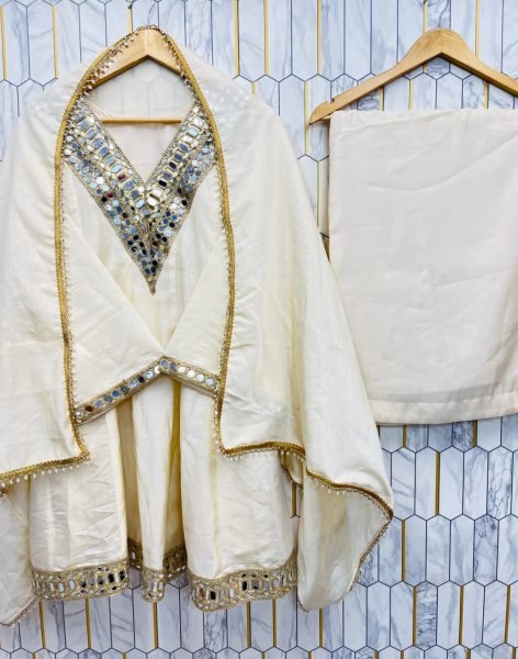  Splendid Chinon Silk Real Mirror Work Silk Kurti Set with Full Flair Plazzo for a Wedding Wear  Ready To Wear Collection