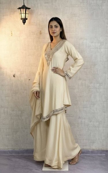  Splendid Chinon Silk Real Mirror Work Silk Kurti Set with Full Flair Plazzo for a Wedding Wear  Ready To Wear Collection