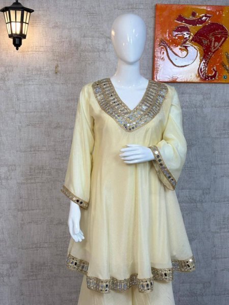  Splendid Chinon Silk Real Mirror Work Silk Kurti Set with Full Flair Plazzo for a Wedding Wear  Ready To Wear Collection
