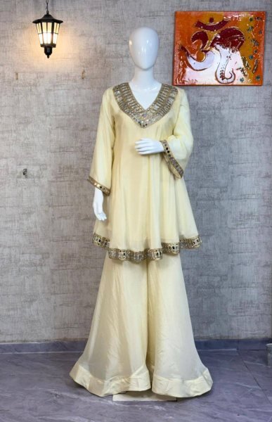  Splendid Chinon Silk Real Mirror Work Silk Kurti Set with Full Flair Plazzo for a Wedding Wear  Ready To Wear Collection