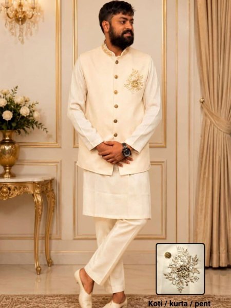 Splendid OffWhite Linen Fabric Designer Indo Western Outfit with Heavy Embroidery Work 