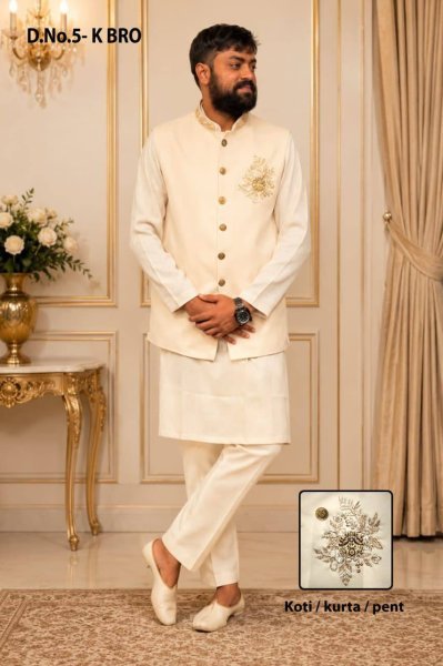 Splendid OffWhite Linen Fabric Designer Indo Western Outfit with Heavy Embroidery Work Kurta Pajama Wholesale