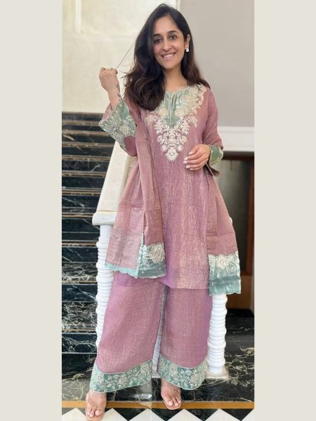 Splendid Crunchy Silk Embroidered Cut Work Top Pant Plazzo Set for International Wholesale Buyers  Ready To Wear Suit
