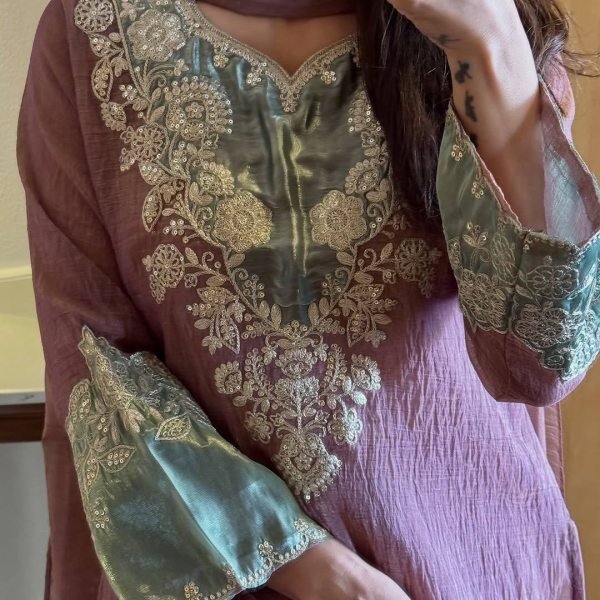 Splendid Crunchy Silk Embroidered Cut Work Top Pant Plazzo Set for International Wholesale Buyers  Ready To Wear Collection