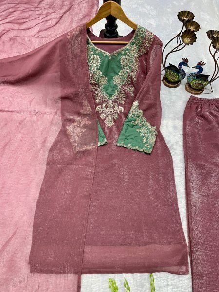 Splendid Crunchy Silk Embroidered Cut Work Top Pant Plazzo Set for International Wholesale Buyers  Ready To Wear Collection