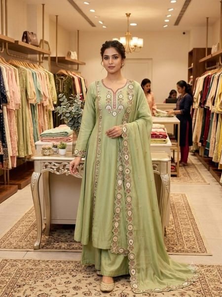 Splendid Green Party Wear Mul Chanderi Kurti Palazzo Dupatta Set with Sequins 