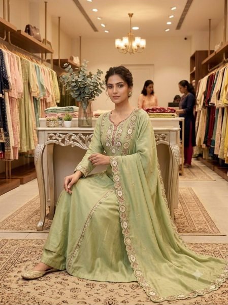 Splendid Green Party Wear Mul Chanderi Kurti Palazzo Dupatta Set with Sequins Ready To Wear Collection