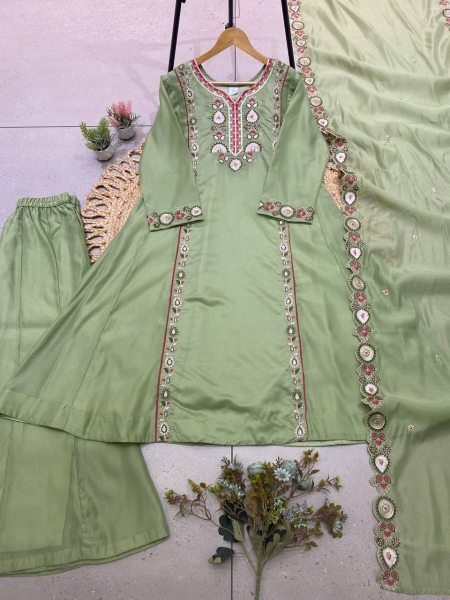 Splendid Green Party Wear Mul Chanderi Kurti Palazzo Dupatta Set with Sequins Ready To Wear Collection