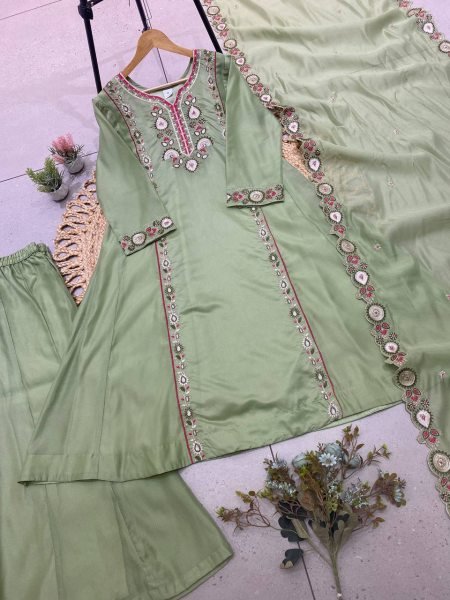 Splendid Green Party Wear Mul Chanderi Kurti Palazzo Dupatta Set with Sequins Ready To Wear Collection