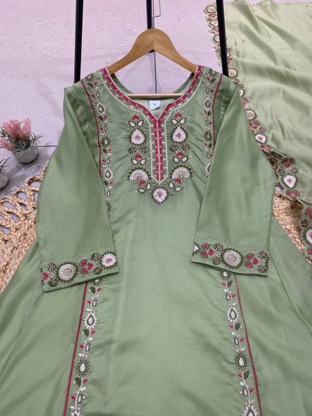 Splendid Green Party Wear Mul Chanderi Kurti Palazzo Dupatta Set with Sequins Ready To Wear Collection