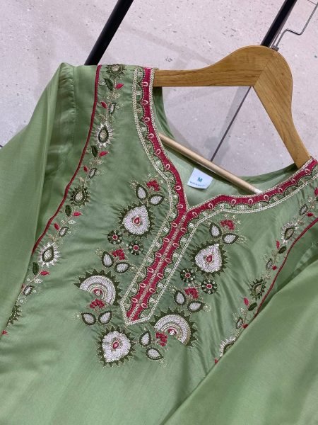 Splendid Green Party Wear Mul Chanderi Kurti Palazzo Dupatta Set with Sequins Ready To Wear Collection