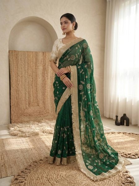 Splendid Green Women's Pure Fandy Satin Saree with Rich C Pallu Embroidery Work Embroidery Sarees Wholesale