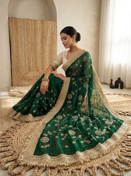 Splendid Green Women's Pure Fandy Satin Saree with Rich C Pallu Embroidery Work Embroidery Sarees Wholesale