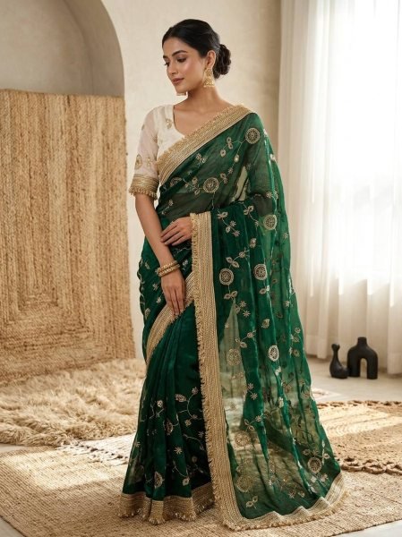 Splendid Green Women's Pure Fandy Satin Saree with Rich C Pallu Embroidery Work Embroidery Sarees Wholesale