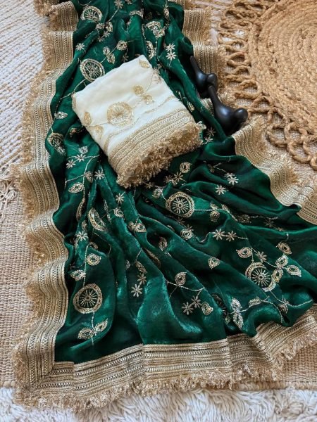 Splendid Green Women's Pure Fandy Satin Saree with Rich C Pallu Embroidery Work Embroidery Sarees Wholesale