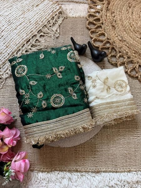Splendid Green Women's Pure Fandy Satin Saree with Rich C Pallu Embroidery Work Embroidery Sarees Wholesale