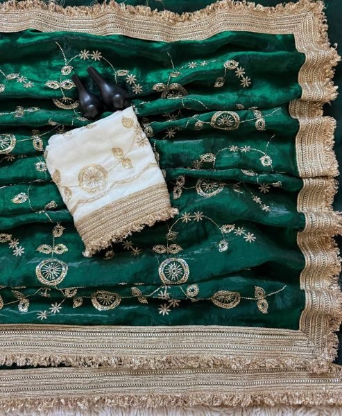 Splendid Green Women's Pure Fandy Satin Saree with Rich C Pallu Embroidery Work Embroidery Sarees Wholesale