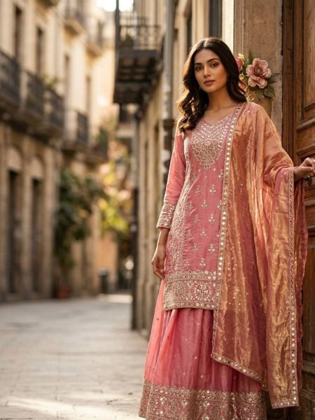 Splendid Hot Pink Pure Fendy Silk Sharara Suit with Embroidery Sequence Work Dupatta Ready To Wear Suit