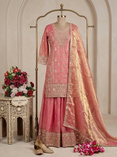 Splendid Hot Pink Pure Fendy Silk Sharara Suit with Embroidery Sequence Work Dupatta Ready To Wear Collection