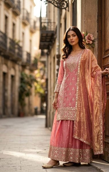 Splendid Hot Pink Pure Fendy Silk Sharara Suit with Embroidery Sequence Work Dupatta Ready To Wear Collection