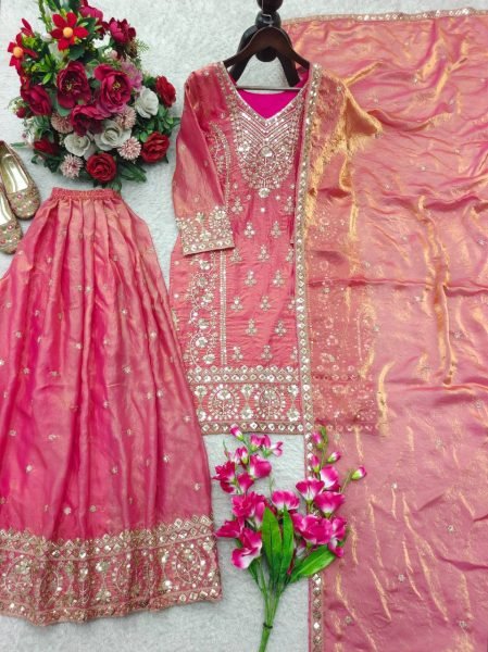 Splendid Hot Pink Pure Fendy Silk Sharara Suit with Embroidery Sequence Work Dupatta Ready To Wear Collection