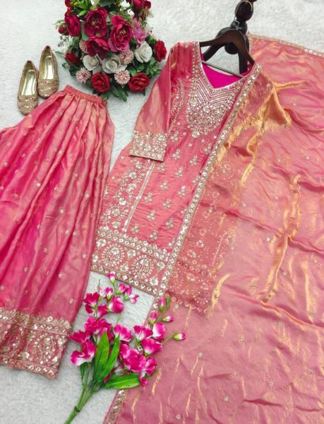 Splendid Hot Pink Pure Fendy Silk Sharara Suit with Embroidery Sequence Work Dupatta Ready To Wear Collection