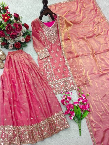 Splendid Hot Pink Pure Fendy Silk Sharara Suit with Embroidery Sequence Work Dupatta Ready To Wear Collection
