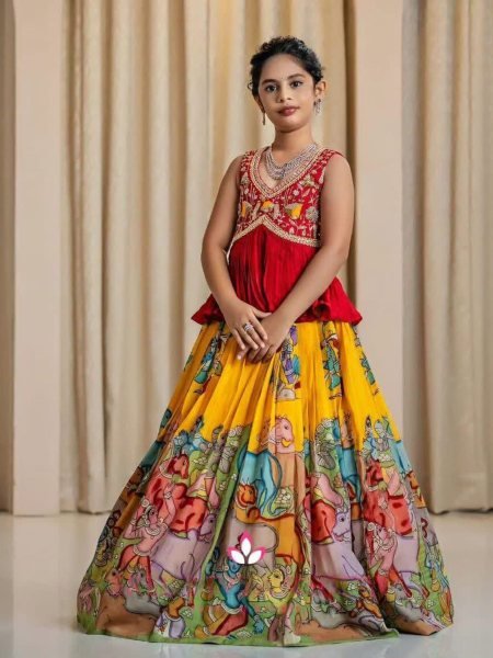 Splendid Kalamkari Print Chinon Silk Lehenga with Blouse for Ethnic Resellers Girls Wear