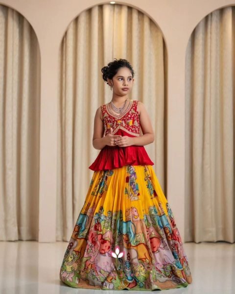 Splendid Kalamkari Print Chinon Silk Lehenga with Blouse for Ethnic Resellers Girls Wear