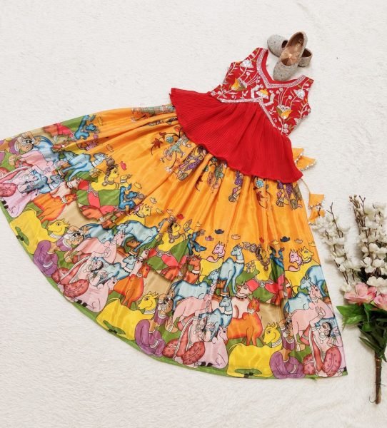 Splendid Kalamkari Print Chinon Silk Lehenga with Blouse for Ethnic Resellers Girls Wear