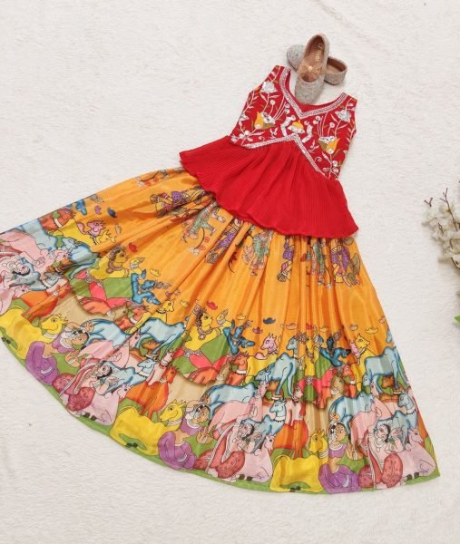 Splendid Kalamkari Print Chinon Silk Lehenga with Blouse for Ethnic Resellers Girls Wear