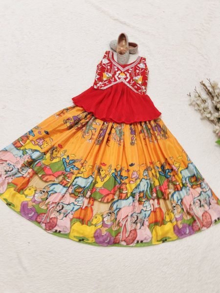 Splendid Kalamkari Print Chinon Silk Lehenga with Blouse for Ethnic Resellers Girls Wear