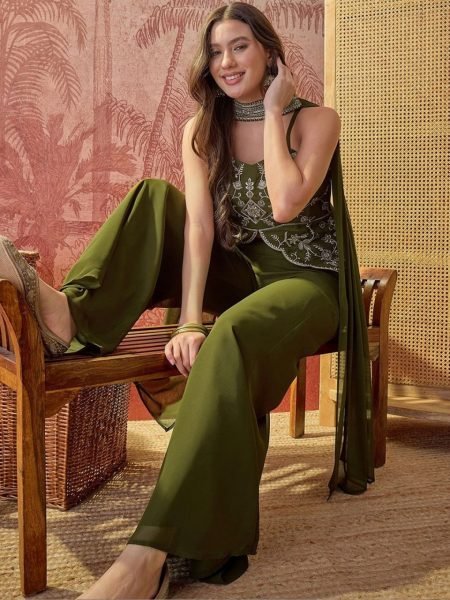 Splendid Mahendi Green Premium Georgette Embroidered Kurti Palazzo Set with Striped Dupatta 3 Piece Kurti Set