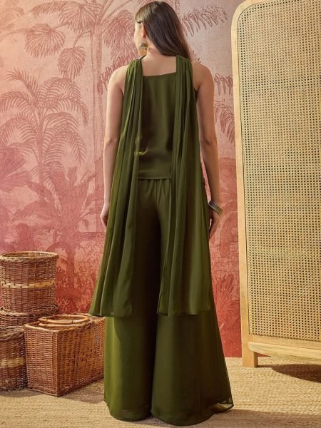 Splendid Mahendi Green Premium Georgette Embroidered Kurti Palazzo Set with Striped Dupatta 3 Piece Kurti Set