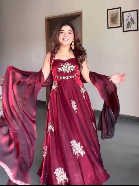 Splendid Maroon Designer Anarkali Suit Set with Dupatta for Wedding Wear Ready To Wear Suit