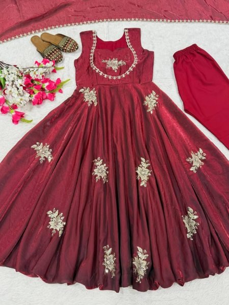 Splendid Maroon Designer Anarkali Suit Set with Dupatta for Wedding Wear Ready To Wear Collection