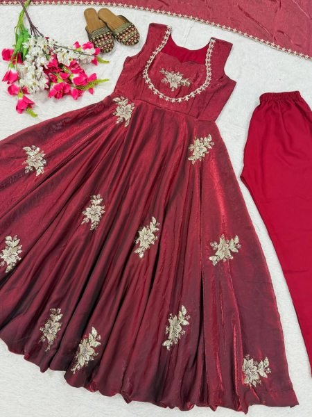 Splendid Maroon Designer Anarkali Suit Set with Dupatta for Wedding Wear Ready To Wear Collection