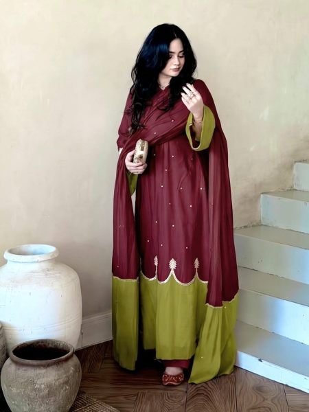 Splendid Maroon Party Wear Satin Rayon Kaftan Set with Fancy Bell Sleeves for Festival Ready To Wear Suit