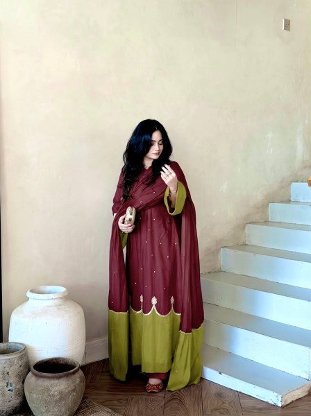 Splendid Maroon Party Wear Satin Rayon Kaftan Set with Fancy Bell Sleeves for Festival Ready To Wear Collection