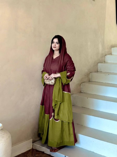 Splendid Maroon Party Wear Satin Rayon Kaftan Set with Fancy Bell Sleeves for Festival Ready To Wear Collection
