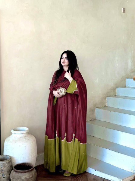 Splendid Maroon Party Wear Satin Rayon Kaftan Set with Fancy Bell Sleeves for Festival Ready To Wear Collection