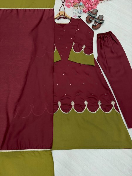 Splendid Maroon Party Wear Satin Rayon Kaftan Set with Fancy Bell Sleeves for Festival Ready To Wear Collection