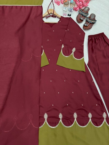Splendid Maroon Party Wear Satin Rayon Kaftan Set with Fancy Bell Sleeves for Festival Ready To Wear Collection