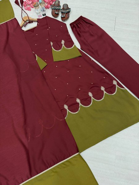Splendid Maroon Party Wear Satin Rayon Kaftan Set with Fancy Bell Sleeves for Festival Ready To Wear Collection