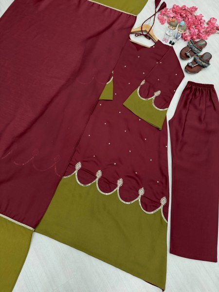 Splendid Maroon Party Wear Satin Rayon Kaftan Set with Fancy Bell Sleeves for Festival Ready To Wear Collection