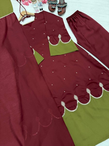Splendid Maroon Party Wear Satin Rayon Kaftan Set with Fancy Bell Sleeves for Festival Ready To Wear Collection