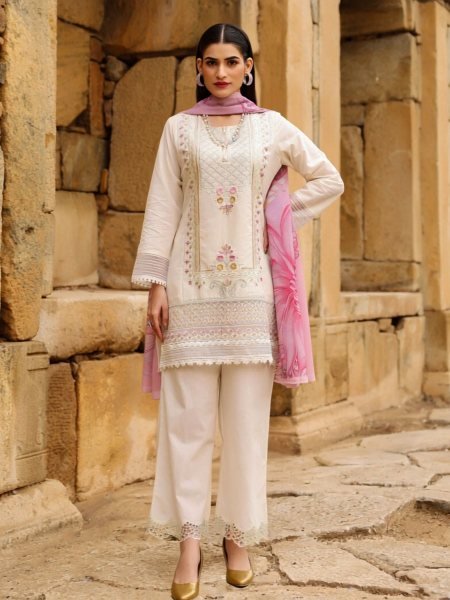 Splendid Off White Cotton Embroidered 3 Piece Kurta Palazzo Set For Women Kurtis
